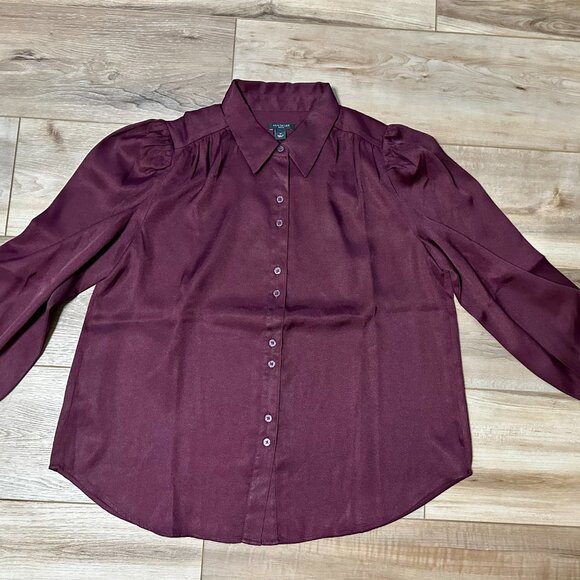 Ann Taylor Burgundy Puff Sleeve Pleated Button-Down Blouse – Size SP - Picture 4 of 16